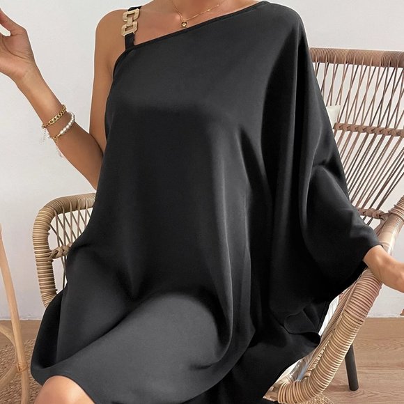 . Dresses & Skirts - Black Boho Womens Asymmetrical Neck Trumpet Sleeve Chain Detail Dress
